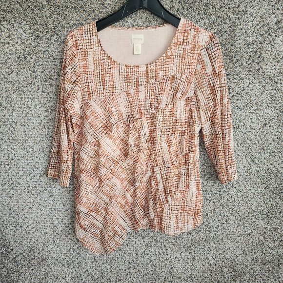 Chicos Top Womens 0 US Small Pink Ruffle Tiered Printed Mesh Lined Stretch‎ - Picture 1 of 7